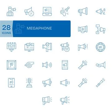 Megaphone Professional Vector Set with 32 Thin Line PIXEL Perfect 128x128 Ico Stock Illustration