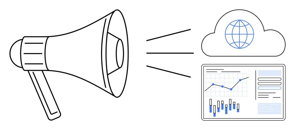 Megaphone projected towards cloud icon and data analytics dashboard with grap Stock Illustration