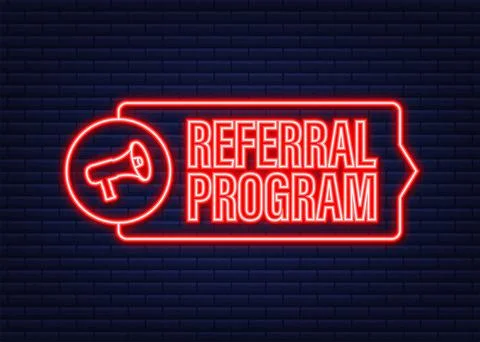 Megaphone with Referral program. Neon icon. Vector illustration. 스톡 일러스트