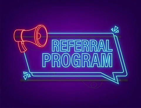 Megaphone with Referral program. Neon icon. Vector illustration Stock Illustration