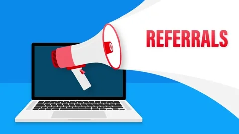Megaphone with Referrals. Laptop screen with blue background. Motion graphics. Stock-Footage 156584797