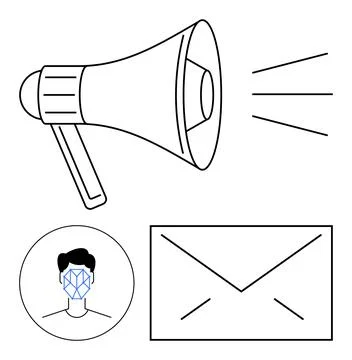 Megaphone with sound waves, envelope icon, and circle face with facial recogn Stock Illustration