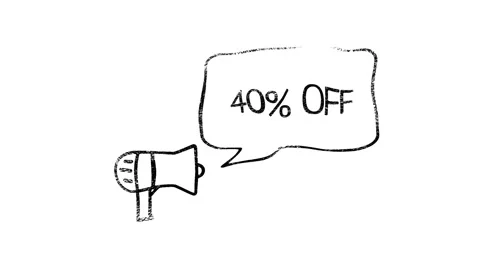 Megaphone with speech bubble 40 percent off 3d letters rotate on white Stockbeeldmateriaal 153850600