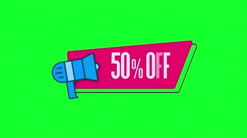 Megaphone with speech bubble 50 percent off 3d letters rotate on white Stock Footage 153858064
