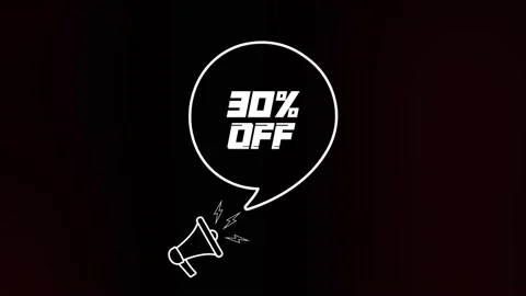Megaphone with speech bubble and the 30 percent off text on old tv glitch Stock Footage 165789399
