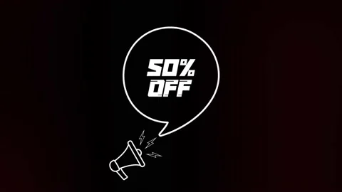 Megaphone with speech bubble and the 50 percent off text on old tv glitch Stock Footage 165789223