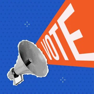 Megaphone speech bubble with big word - vote. Halftone collage Banner for 2024 Illustrazione stock