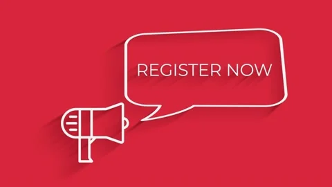 Megaphone with speech bubble Register now.. Text Animation. Gold word on red Stock Footage 153817068