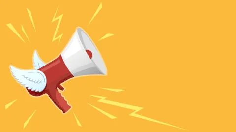 Megaphone with wings is flying. Vector background 스톡 일러스트