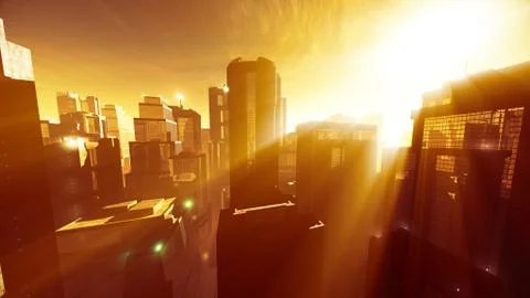 Megapolis in the Sunset Sunrise Lightrays Stock Illustration