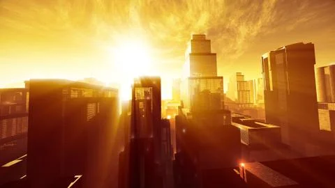 Megapolis in the Sunset Sunrise Lightrays Stock Illustration