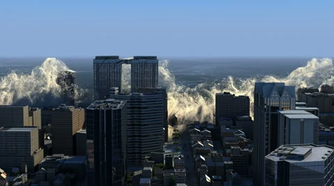 Megatsunami wave energy over metropolis. Stock Footage