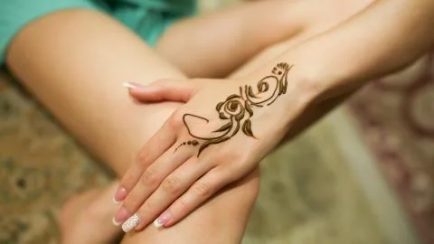 Mehndi. Henna pattern on model's hand. UAE. Stock Photos