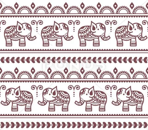 Mehndi, Indian Henna Tattoo Seamless Pattern With Elephants
