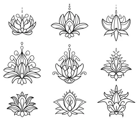Mehndi set of Henna lotus. Hand drawn tatoo flowers. Floral paisley objects Stock Illustration