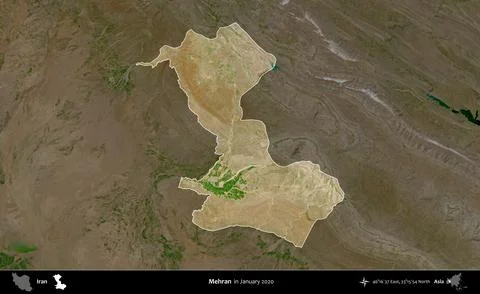 Mehran highlighted, Iran. Satellite image. January 2020 Stock Illustration