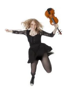 Meisje met viool springt omhoog Stock Photos
