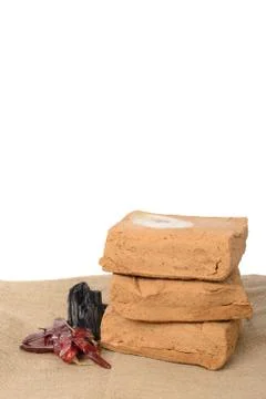 Meju and basic ingredients to make doenjang Stock Photos