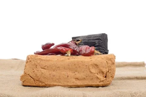 Meju and basic ingredients to make doenjang Stock Photos