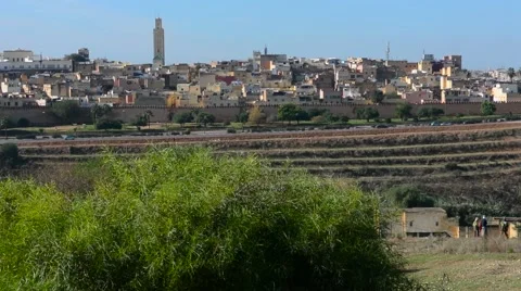 Meknes Morocco city scape panoramic of old city medina with walls of downtown Stock-Footage 47341897