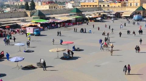 Meknes Morocco main square of city medina in walled city downtown from above Vídeo Stock 47341908
