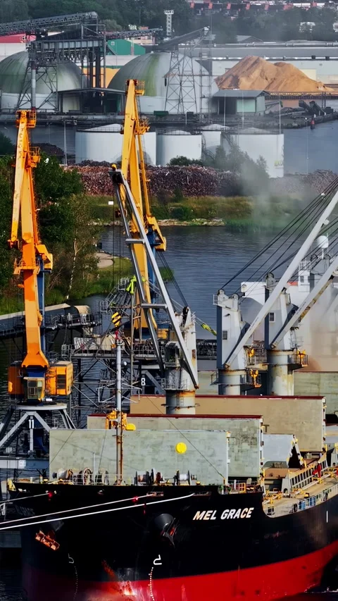 Mel Grace Bulk Carrier Loading At Industrial Port With Dockside Crane Stock Footage 336803006