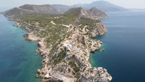 Melagavi Cape and lighthouse panoramic aerial drone view Greece Vídeos de archivo 336491581