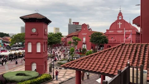 Melaka Clock Tower and Christ Church on Dutch Square, Malaysia, 4K Stock Footage 319877650