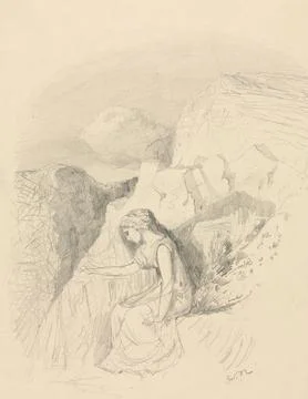 Melancholy, c. 1868. Odilon Redon (French, 1840-1916). Graphite; sheet: 32... Stock Illustration