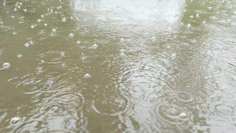 Melancholy Raindrops Splash into Deep Puddles on a Busy City Street Stock Footage 334891916