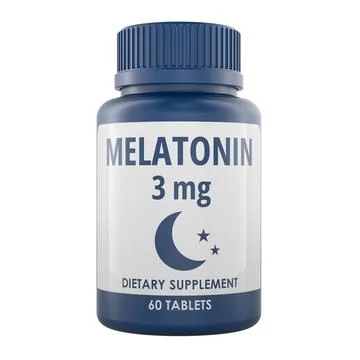 Melatonin 3 mg supplement bottle, sleep support tablets. 3d rendering Stock-Illustration
