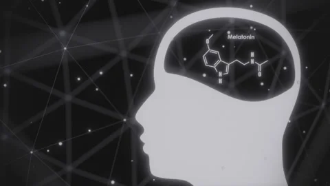 Melatonin hormone chemical molecular formula in head. Connected lines with dots Stock Footage 179869887