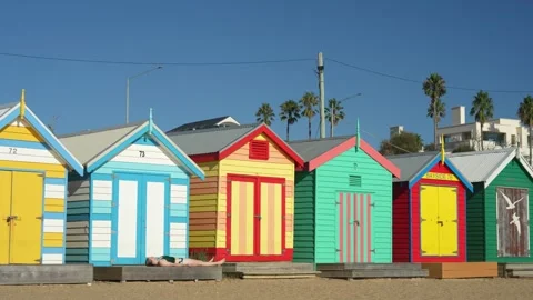 Melbourne, Australia. Brighton Bathing Boxes and People on Dendy Street Beach Stock Footage 334016330