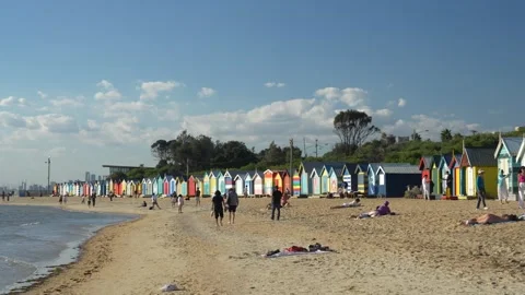 Melbourne, Australia. Brighton Bathing Boxes and People on Dendy Street Beach Stock Footage 334800291