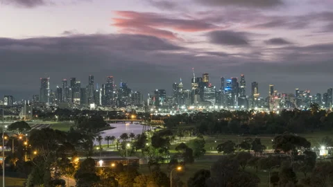 Melbourne, Australia Cloudy Skyline Winter Sunrise Timelapse From Footscray Park Stock Footage 204590587