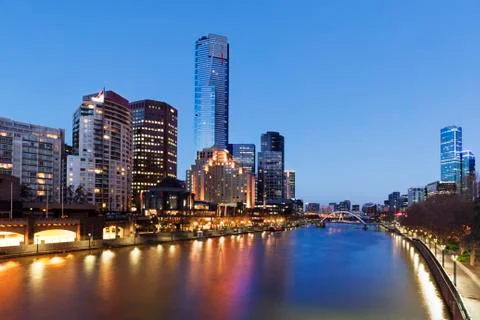 Melbourne australia on the yarra river twilight Stock Photos