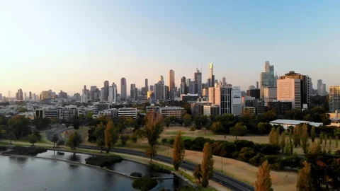 Melbourne CBD and Albert Park Lake Aerial View Stock Footage 102162445