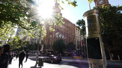 Melbourne CBD Collin St and Swanston St - With Trams Crossing Video stock 1070019