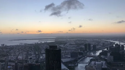 Melbourne CBD during a dramatic sunset sky, as view from Eureka 88 Skydeck Stock Footage 73765120