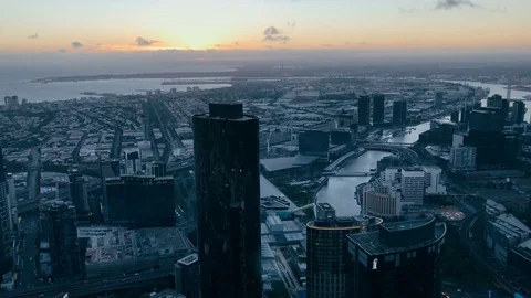 Melbourne CBD during a dramatic sunset sky, as view from Eureka 88 Skydeck Stock Footage 73765377