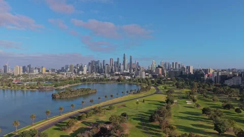 Melbourne CBD Skyline Over Albert Park Aerial View Stock Footage 325683270