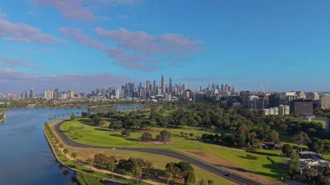 Melbourne CBD Skyline Over Albert Park Aerial View Stock Footage 325683336