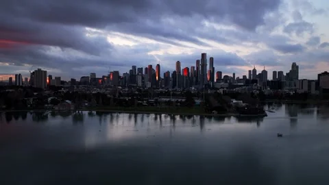 Melbourne CBD At Sunset, Drone, 6K Video stock 333238975