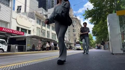 Melbourne CBD tram stop timelapse with pedestrians and tram traffic Australia Video stock 328588421