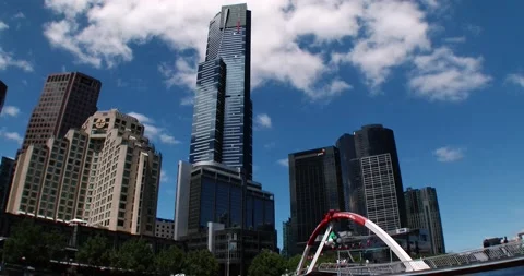 Melbourne City With Eureka Tower And Buildings, Tilt-Up Shot Clip0927 Stock Footage 228850076