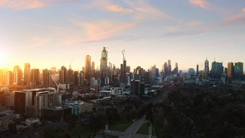 Melbourne City Skyline Sunset Drone over Botanic Gardens Stock Footage