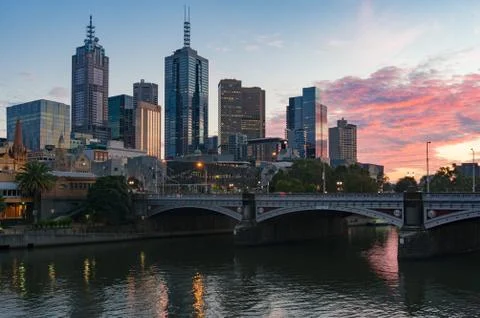 Melbourne cityscape at sunrise Stock Photos