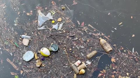 Melbourne: Discarded plastic litter floats on the surface of the Yarra River, 4K Stock Footage 297637918