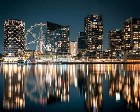 Melbourne Docklands Night Reflection Stock Photos
