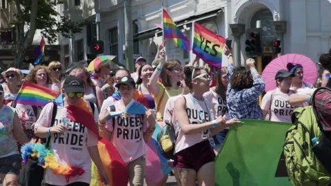 Melbourne Gay LGBT Pride parade march through downtown streets Stock Footage